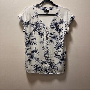 Fortune+Ivy Floral Print Chic Stylish Cap Sleeve V-Neck Tunic, Sz S, Blue, White